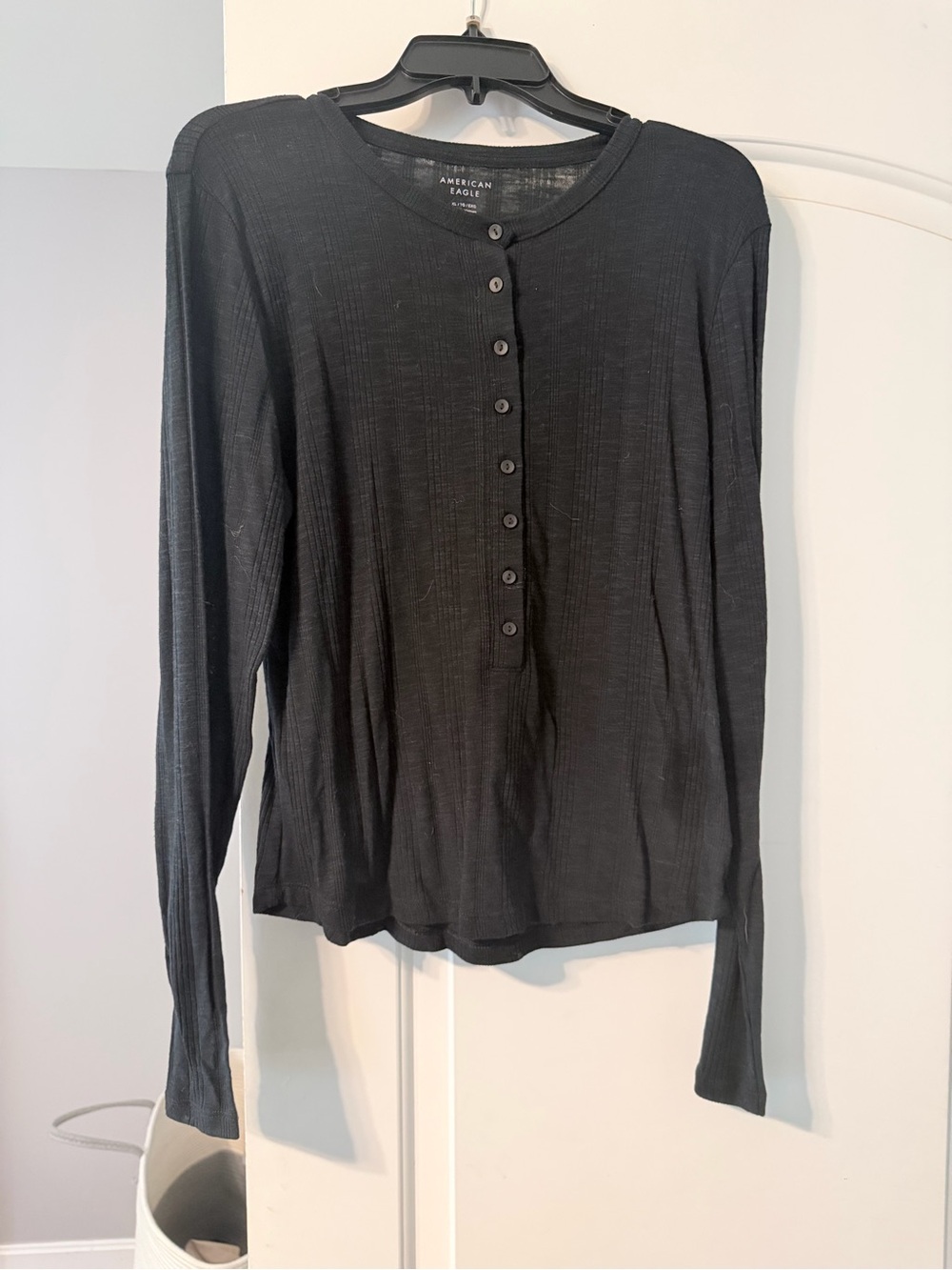 American Eagle Outfitters Black Ribbed Henley Long-Sleeve Top
